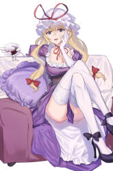 Rule 34 | 1girl, ankle bow, ankle ribbon, ass, blonde hair, bow, breasts, choker, cleavage, couch, crossed legs, cup, dress, drinking glass, elbow gloves, frilled pillow, frills, gloves, gunnjou yosio, hand on own face, hat, high heels, highres, holding, holding cup, large breasts, leg ribbon, long hair, mob cap, on couch, open mouth, pillow, purple dress, purple eyes, red bow, ribbon, sitting, solo, thighhighs, touhou, white background, white thighhighs, wine glass, yakumo yukari