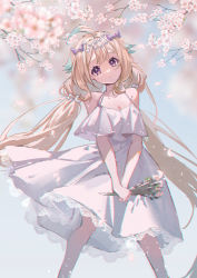 Rule 34 | 1girl, absurdly long hair, ahoge, bare shoulders, bird girl, blonde hair, blue hair, blurry, blurry background, blush, bow, branch, breasts, cherry blossoms, cleavage, dress, enna alouette, eyelashes, flower, frilled dress, frills, hair flower, hair ornament, head wings, highres, holding, holding flower, long hair, looking at viewer, low twintails, multicolored hair, nijisanji, nijisanji en, purple bow, purple eyes, short sleeves, sky, small breasts, smile, solo, sop side j, twintails, very long hair, virtual youtuber, white dress, wind, wings