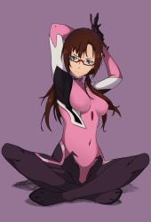Rule 34 | 1girl, armpits, arms up, blue eyes, blue hairband, breasts, breasts apart, brown hair, covered erect nipples, covered navel, full body, glasses, grey background, hairband, head tilt, kei (soundcross), long hair, looking at viewer, makinami mari illustrious, neon genesis evangelion, plugsuit, purple background, rebuild of evangelion, red-framed eyewear, simple background, sitting, skin tight, solo, spread legs, twintails, v-shaped eyebrows