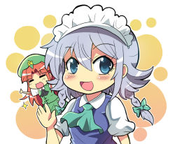 Rule 34 | 2girls, apron, ascot, blue eyes, braid, closed eyes, colonel aki, commentary request, dress, hand up, hat, hong meiling, izayoi sakuya, long hair, maid, maid apron, maid headdress, multiple girls, open mouth, parted bangs, red hair, short hair, short sleeves, sidelocks, silver hair, simple background, sketch, smile, sparkle, star (symbol), thumbs up, touhou, translation request, twin braids, vest, waving