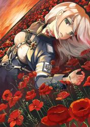 Rule 34 | 1girl, 86 -eightysix-, field, floral background, flower, flower field, gold trim, long hair, looking at viewer, military, military uniform, nakashima (pluscolor), silver hair, solo, tagme, uniform, vladilena millize