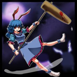 Rule 34 | 1girl, ambiguous red liquid, animal ears, black border, blue dress, blue hair, border, collarbone, dress, earclip, eyebrows, frilled dress, frills, full body, holding, holding weapon, kikoka (mizuumi), kine, looking at viewer, low ponytail, mallet, open mouth, puffy short sleeves, puffy sleeves, rabbit ears, rabbit tail, red eyes, sash, seiran (touhou), shoes, short sleeves, smile, solo, tail, touhou, weapon, white footwear, wristband