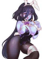 Rule 34 | 1girl, animal ears, bandaged leg, bandages, black hair, black leotard, black pantyhose, blue skin, bow, bowtie, breasts, chamame, cleavage, colored skin, covered navel, detached collar, fake animal ears, fake tail, fangs, food, hair between eyes, hairband, highleg, highleg leotard, highres, holding, holding food, large breasts, leotard, long hair, looking at viewer, open mouth, pantyhose, playboy bunny, purple bow, purple bowtie, rabbit ears, rabbit tail, red eyes, solo, strapless, strapless leotard, tail, teeth, upper teeth only, very long hair, wrist cuffs, yamada tae, zombie, zombie land saga