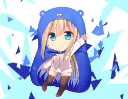 Rule 34 | 1girl, arm up, black thighhighs, blonde hair, blue eyes, breasts, chibi, cleavage, cloak, closed mouth, commentary request, dress, full body, hamster hood, highres, himouto! umaru-chan, hood, hooded cloak, jyt, lexington (warship girls r), long sleeves, looking at viewer, mile, parody, shorts, solo, standing, thighhighs, warship girls r, white dress, zettai ryouiki