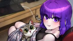 Rule 34 | 1girl, blush, cat, chair, desk, drawing tablet, from above, gaming chair, highres, keyboard (computer), looking at viewer, office chair, on chair, original, parted lips, purple eyes, purple hair, sitting, smile, solo, sparrowl, swivel chair, tank top, virtual youtuber