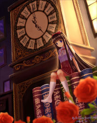 Rule 34 | 1girl, absurdres, backlighting, blue eyes, blunt bangs, blurry, book, bow, brown hair, center frills, clock, collared shirt, dated, depth of field, drawer, flower, frills, from below, full body, grandfather clock, hair bow, high-waist skirt, highres, hime cut, indoors, kneehighs, long hair, looking at viewer, mini person, minigirl, neck ribbon, no shoes, original, painting (object), parted lips, pixiv id, pleated skirt, puffy short sleeves, puffy sleeves, qi==qi, red bow, red flower, red ribbon, red rose, red skirt, ribbon, roman numeral, rose, shirt, shirt tucked in, short sleeves, signature, sitting, skirt, socks, solo, striped ribbon, sunlight, tareme, time, very long hair, white shirt, white socks, window