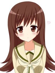 Rule 34 | 10s, 1girl, blush, brown eyes, brown hair, heart, icetiina, kantai collection, long hair, looking at viewer, neckerchief, ooi (kancolle), sailor collar, school uniform, serafuku, simple background, smile, solo, white background