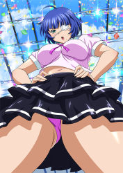 Rule 34 | 1girl, ahoge, blue eyes, blue hair, breasts, ikkitousen, large breasts, looking at viewer, navel, open mouth, ryomou shimei, short hair, skirt, solo, standing, tagme