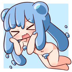 Rule 34 | &gt; &lt;, 1girl, barefoot, blue background, blue hair, blush, censored, censored nipples, chibi, closed eyes, convenient censoring, double bun, facing viewer, full body, groin, hair between eyes, hair bun, half slime-chan, hana kazari, hands on own face, hands up, highres, long hair, monster girl, navel, nude, open mouth, original, slime (substance), slime girl, solo, two-tone background, very long hair, wavy mouth, white background