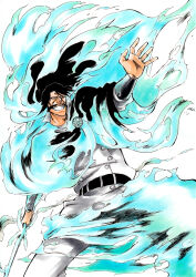 Rule 34 | 1boy, bankai, belt, black belt, black cape, black hair, bleach, bleach: sennen kessen-hen, blue fire, cape, commentary, facial hair, feet out of frame, fire, floating hair, grin, hand up, highres, holding, holding sword, holding weapon, jacket, ken&#039;ichi (ken1ro u), long hair, looking afar, male focus, mustache, official style, old, old man, open hand, outstretched arm, pants, simple background, smile, solo, sword, wandenreich, weapon, white background, white jacket, white pants, yhwach, zanka no tachi (bankai)