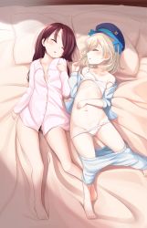 Rule 34 | 2girls, absurdres, barefoot, bed sheet, blonde hair, brown hair, collarbone, commentary request, eyebrows, closed eyes, flat chest, full body, hat, highres, leaf1031, long hair, lying, multiple girls, navel, on back, original, pillow, sleeping, stomach