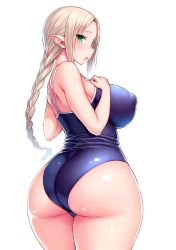 Rule 34 | 1girl, ass, back, bare shoulders, blonde hair, blue one-piece swimsuit, blush, braid, breasts, curvy, elf, covered erect nipples, green eyes, highres, huge ass, huge breasts, image sample, large breasts, long hair, looking at viewer, looking back, low ponytail, one-piece swimsuit, open mouth, original, pointy ears, ponytail, school swimsuit, simple background, solo, swimsuit, thick thighs, thighs, tsukumiya amane, twitter sample, white background, wide hips