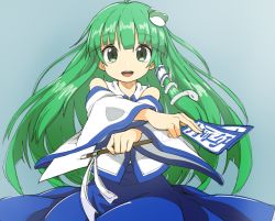 Rule 34 | 1girl, bare shoulders, blue background, blue skirt, commentary request, cowboy shot, crossed arms, detached sleeves, frog hair ornament, gohei, green eyes, green hair, hair ornament, hair tubes, hands up, highres, holding, kochiya sanae, long hair, looking at viewer, narira, ofuda, open mouth, outstretched arms, shirt, simple background, single hair tube, skirt, smile, snake hair ornament, solo, touhou, white shirt