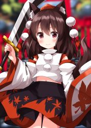 Rule 34 | 1girl, animal ear fluff, animal ears, autumn leaves, bare shoulders, black skirt, blurry, blurry background, blush, breasts, brown hair, closed mouth, cosplay, detached sleeves, hair between eyes, hakurei reimu, hands up, hat, highres, holding, holding shield, holding weapon, inubashiri momiji, inubashiri momiji (cosplay), leaf, leaf print, long sleeves, looking to the side, medium breasts, navel, one-hour drawing challenge, outdoors, pom pom (clothes), red eyes, red hat, ruu (tksymkw), shield, shirt, short hair, skirt, smile, solo, standing, sword, tail, tokin hat, torii, touhou, tree, weapon, white shirt, wide sleeves, wolf ears, wolf tail