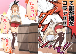 Rule 34 | 1girl, 2koma, atelier (series), atelier ryza, atelier ryza 1, bare shoulders, barrel, belt, beret, black footwear, blue headwear, blush, blush stickers, boots, breasts, brown hair, cleavage, closed eyes, cluseller, comic, destruction, emphasis lines, fang, female focus, full body, german suplex, happy, hat, japanese text, medium breasts, motion lines, multiple views, musical note, navel, open mouth, outline, pink background, red shorts, reisalin stout, shirt, short hair, short shorts, shorts, side slit, simple background, skin fang, sleeveless, sleeveless shirt, smile, spaghetti strap, speech bubble, standing, suplex, sweat, text focus, thigh boots, thigh gap, thighhighs, thought bubble, translation request, trembling, two-tone background, white background, white outline, white shirt