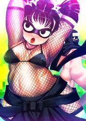 Rule 34 | 1girl, arms up, ass, bikini, bikini top only, black eyes, black hair, bodysuit, breasts, covered erect nipples, fishnet bodysuit, fishnets, grey background, hair ornament, hakkasame, highres, kunoichi, mask, matching hair/eyes, medium breasts, multiple views, nude, one-punch man, open mouth, plump, shadow ring (one-punch man), short twintails, swimsuit, tongue, twintails, wide hips
