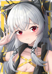 Rule 34 | 1girl, absurdres, arknights, bare shoulders, black choker, blush, breasts, choker, commentary request, criss-cross halter, grey hair, halterneck, highres, large breasts, long hair, looking at viewer, orangeizumi, red eyes, sidelocks, solo, upper body, weedy (arknights)