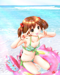 Rule 34 | 1girl, bikini, blue sky, breasts, brown hair, cloud, commentary request, cowboy shot, day, double v, green bikini, hair bobbles, hair ornament, highres, horizon, innertube, looking at viewer, ocean, original, outdoors, sky, small breasts, smile, solo, swim ring, swimsuit, tsukino miyu, twintails, v, yellow eyes