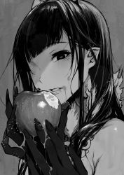 Rule 34 | 1girl, ane naru mono, apple, bright pupils, chiyo (ane naru mono), close-up, fingernails, food, food bite, food on face, fruit, greyscale, hands up, highres, holding, holding food, holding fruit, horizontal pupils, horns, looking at viewer, monochrome, parted lips, pochi (pochi-goya), pointy ears, sharp fingernails, solo, upper body