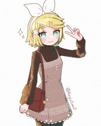 Rule 34 | 1girl, aegissanp, alternate costume, aqua eyes, bag, blonde hair, blush, bow, brown sweater, casual, clenched hand, closed mouth, cowboy shot, dress, flower, hair bow, hair flower, hair ornament, hairclip, hand on own chest, handbag, highres, kagamine rin, long sleeves, looking at viewer, medium hair, simple background, smile, sweater, turtleneck, turtleneck sweater, twitter username, v, vocaloid