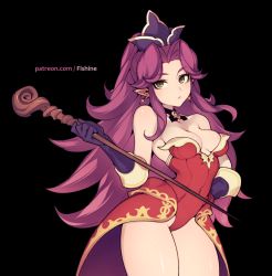 Rule 34 | 1girl, angela (seiken densetsu 3), black background, breasts, cleavage, fishine, gold trim, hair intakes, hand on own hip, leotard, pointy ears, purple hair, seiken densetsu, seiken densetsu 3, simple background, solo, tagme