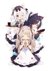 Rule 34 | 3girls, ;d, alternate costume, animal ear fluff, animal ears, apron, azur lane, black dress, black hair, bow, brown bow, brown hair, cat ears, closed eyes, closed mouth, collared dress, commentary request, cup, dango, dress, eating, enmaided, food, frilled apron, frilled dress, frills, fujii shino, hair between eyes, hands up, highres, holding, holding food, holding tray, long hair, maid, maid headdress, multiple girls, one eye closed, open mouth, puffy short sleeves, puffy sleeves, red eyes, sanshoku dango, shigure (azur lane), short eyebrows, short sleeves, silver hair, smile, thick eyebrows, tray, two side up, very long hair, wagashi, wavy mouth, white apron, wolf ears, yukikaze (azur lane), yunomi, yuudachi (azur lane)