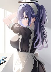 Rule 34 | 1girl, absurdres, adjusting hair, alternate costume, apron, black dress, blue archive, blue eyes, blush, breasts, commentary request, dress, enmaided, halo, highres, indoors, large breasts, looking ahead, maid, maid headdress, purple hair, short sleeves, solo, touyou (39kir), white apron, yuuka (blue archive)