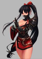 Rule 34 | 1girl, absurdres, armor, black hair, breasts, cleavage, female focus, grey background, highres, japanese clothes, kimono, large breasts, long hair, mask, mouth mask, ninja, original, pauldrons, ponytail, short kimono, shoulder armor, simple background, single pauldron, solo, takssmask, very long hair