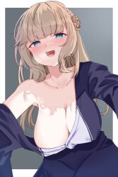 Rule 34 | 1girl, blue eyes, blunt bangs, blush, breasts, breath, brown hair, calin, cleavage, collarbone, dress, highres, kantai collection, large breasts, long hair, looking at viewer, nose blush, off shoulder, open mouth, ranger (kancolle), simple background, solo