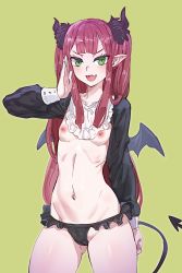 Rule 34 | 1girl, black panties, blush, bow (bhp), demon horns, demon tail, demon wings, fang, frills, gluteal fold, green eyes, green nails, horns, long hair, looking at viewer, nail polish, navel, nipples, panties, pointy ears, purple hair, rizu-kyun, simple background, solo, sono bisque doll wa koi wo suru, tail, twintails, underwear, wings