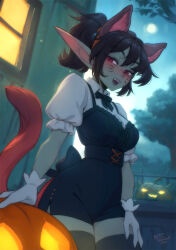 Rule 34 | 1girl, animal ears, artist name, black dress, black hair, black ribbon, black thighhighs, blush, borrowed character, cat ears, cat tail, colored skin, commentary, dress, english commentary, facial mark, fake animal ears, fangs, female goblin, gloves, goblin, green skin, hair between eyes, hairband, hand on own thigh, highres, jack-o&#039;-lantern, large ears, lola (roxxxan), long pointy ears, looking at viewer, medium hair, neck ribbon, night, open mouth, original, outdoors, personal ami, pointy ears, ponytail, puffy short sleeves, puffy sleeves, red eyes, ribbon, short sleeves, solo, tail, thighhighs, tree, whisker markings, white gloves, wing collar