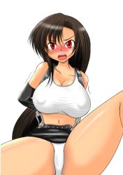 Rule 34 | 1990s (style), 1girl, arms behind back, black gloves, black hair, blush, breasts, cleavage, covered erect nipples, elbow gloves, female focus, final fantasy, final fantasy vii, gloves, large breasts, long hair, midriff, miniskirt, misosaba, open mouth, panties, pantyshot, red eyes, retro artstyle, simple background, skirt, solo, suspenders, tank top, tifa lockhart, underwear, upskirt, white background, white panties