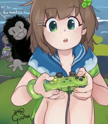 Rule 34 | 1girl, alien, artist name, blue collar, blue eyes, child, cloud print, collar, collared shirt, controller, dualshock, eyelashes, fingernails, freckles, game console, game controller, gamepad, girutea, green eyes, green hair ornament, green shirt, green wristband, hair ornament, hairclip, indie virtual youtuber, knees, knees up, legs together, lily hopkins, lily pad, long hair, looking at viewer, messy hair, monkey, multicolored eyes, open mouth, playstation controller, shirt, signature, sitting, teeth, the monkey (lilyhops), upper teeth only, virtual youtuber, water, wire, wristband
