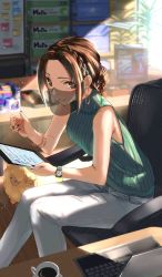 Rule 34 | 1girl, black nails, bracelet, braid, brown eyes, brown hair, coffee, coffee cup, commentary, computer, craft essence (fate), cup, desk, disposable cup, dumuzid (fate), earrings, fate/grand order, fate (series), green sweater, hair bun, holding, holding tablet pc, jewelry, laptop, looking at viewer, mouth veil, nail polish, office, official art, on chair, pants, plant, ribbed sweater, sheep, siduri (fate), siduri (from uruk) (fate), single hair bun, sitting, sleeveless, sleeveless sweater, solo, sunlight, sweater, tablet pc, tsuuhan, turtleneck, turtleneck sweater, veil, watch, white pants, window, wristwatch