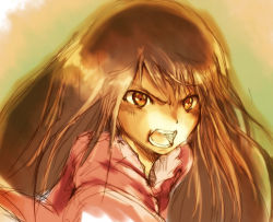 Rule 34 | &gt;:d, 1girl, :d, angry, bad id, bad pixiv id, brown hair, collar, female focus, foreshortening, houraisan kaguya, long hair, long sleeves, open mouth, outstretched arm, red eyes, smile, solo, teeth, touhou, upper body, v-shaped eyebrows, very long hair, yae (mono110)