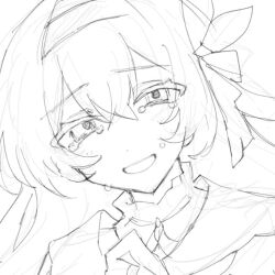 Rule 34 | 1girl, bow, close-up, crying, firefly (honkai: star rail), greyscale, hair bow, half-closed eyes, hand up, honkai: star rail, honkai (series), inagoinaire, long hair, looking at viewer, monochrome, neckerchief, parted lips, portrait, sidelocks, sketch, smile, solo, tears