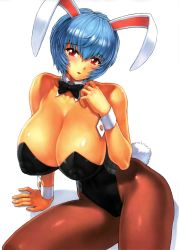 Rule 34 | 1girl, animal ears, ayanami rei, bare shoulders, blue hair, bow, bowtie, breasts, brown pantyhose, cameltoe, cleavage, cleft of venus, covered erect nipples, detached collar, embarrassed, eyebrows, fake animal ears, fake tail, groin, highres, huge breasts, impossible clothes, legs, leotard, looking at viewer, mogudan, neon genesis evangelion, pantyhose, parted lips, playboy bunny, puffy nipples, rabbit ears, rabbit tail, red eyes, shadow, shiny skin, short hair, simple background, sitting, solo, tail, thighs, white background, wrist cuffs
