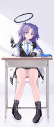 Rule 34 | 1girl, absurdres, black footwear, black gloves, black jacket, black skirt, blue archive, blue hair, blue necktie, boots, collared shirt, commentary, daidai (daidai826), desk, full body, gloves, halo, head tilt, highres, holding, holding pen, jacket, legs, long hair, long sleeves, looking at viewer, mechanical halo, miniskirt, necktie, off shoulder, on chair, open clothes, open jacket, open mouth, panties, pantyshot, parted bangs, pen, pleated skirt, school desk, shirt, sidelocks, simple background, sitting, skirt, solo, two side up, underwear, uniform, v-shaped eyebrows, white background, white jacket, white panties, white shirt, yuuka (blue archive)