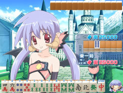 Rule 34 | 1girl, black gloves, breasts, castle, child, demon girl, demon wings, elbow gloves, fang, fullani, gloves, horns, light purple hair, long hair, looking at viewer, mahjong, midriff, navel, outdoors, pointy ears, red eyes, ruby lilim, tagme, tail, twintails, wings