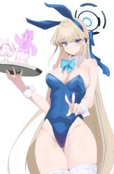 Rule 34 | 1girl, absurdres, animal ears, aqua bow, aqua bowtie, doodle sensei (blue archive), blonde hair, blue archive, blue hair, blue leotard, bow, bowtie, braid, breasts, cleavage, detached collar, dildo, fake animal ears, highres, kasumi saika, large breasts, leotard, long hair, looking at viewer, multicolored hair, official alternate costume, rabbit ears, sensei (blue archive), sex toy, simple background, thighs, toki (blue archive), toki (bunny) (blue archive), two-tone hair, very long hair, w, white background