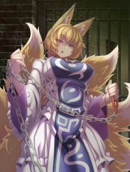 Rule 34 | 1girl, absurdres, animal ears, blonde hair, breasts, chain, chain leash, chained, dress, fox ears, fox tail, frilled dress, frills, highres, holding, holding chain, holding leash, in cell, kitsune, kyuubi, leash, long sleeves, looking at viewer, multiple tails, no headwear, prison, prison cell, short hair, solo, tabard, tail, touhou, white dress, wide sleeves, yakumo ran, yellow eyes, zawa (zawzawranran2)