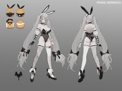 Rule 34 | 1girl, absurdres, alternate costume, animal ears, ass, azur lane, backless outfit, black bow, black footwear, black leotard, bow, breasts, character name, dishwasher1910, fake animal ears, fake tail, fishnet thighhighs, fishnets, frilled hairband, frills, grey background, grey hair, hair bow, hairband, highres, large breasts, leotard, long hair, manjuu (azur lane), multiple views, playboy bunny, prinz heinrich (azur lane), rabbit ears, rabbit tail, red eyes, shoes, simple background, single thighhigh, solo, sunglasses, tail, thigh strap, thighhighs, twintails, very long hair