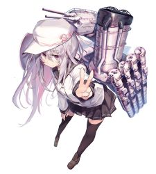 Rule 34 | 1girl, beize (garbage), black sailor collar, black skirt, black thighhighs, blue eyes, cannon, flat cap, hammer and sickle, hat, hibiki (kancolle), kantai collection, long hair, looking at viewer, machinery, perspective, pleated skirt, sailor collar, school uniform, serafuku, silver hair, simple background, skirt, smile, smokestack, solo, thighhighs, torpedo launcher, turret, v, verniy (kancolle), white background, white hat