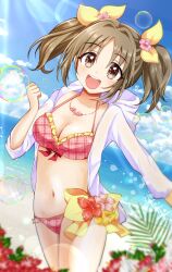 Rule 34 | 1girl, :d, akasa tanu, beach, bikini, blue sky, blurry, blurry foreground, blush, bow, breasts, brown eyes, brown hair, cinderella girls gekijou, cleavage, clenched hand, cloud, collarbone, cowboy shot, day, dot nose, flower, flower necklace, hair bow, hair flower, hair ornament, hair ribbon, hand up, heart, hibiscus, hood, hood down, hoodie, horizon, idolmaster, idolmaster cinderella girls, idolmaster cinderella girls starlight stage, imai kana, jewelry, leaf, lens flare, long hair, long sleeves, looking at viewer, medium breasts, navel, necklace, ocean, open clothes, open hoodie, open mouth, outdoors, pink bikini, pink flower, plaid, plaid bikini, red flower, ribbon, ribbon-trimmed bikini, sky, sleeves rolled up, smile, soap bubbles, solo, sparkle, standing, sunlight, swimsuit, teeth, twintails, upper teeth only, white hoodie, yellow flower, yellow ribbon