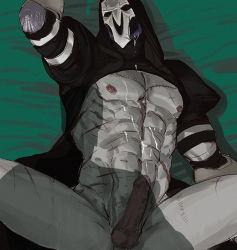 Rule 34 | 1boy, abs, bara, cum, erection, lying, male focus, mask, muscular, overwatch, overwatch 1, penis, pov, reaper (overwatch), scar, yaoi