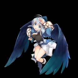 Rule 34 | 1girl, amazuyu tatsuki, angel wings, aquaplus, arm up, black wings, blue eyes, blue wings, boots, breasts, feathered wings, full body, hand on own head, highres, camyu, large breasts, long sleeves, looking at viewer, official art, open mouth, short hair, shortstack, silver hair, solo, transparent background, utawarerumono, utawarerumono: lost flag, wings