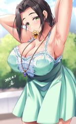 Rule 34 | 1girl, adjusting hair, armpit lips, armpits, arms up, bare shoulders, blurry, blush, bra, breasts, cleavage, collarbone, cowboy shot, dated, depth of field, dress, ebihara naho, forehead, frilled dress, frills, green dress, highres, idolmaster, idolmaster cinderella girls, jewelry, large breasts, looking at viewer, mouth hold, necklace, outdoors, pleated dress, scrunchie, see-through, signature, solo, sweat, sweatdrop, underwear, yoohi