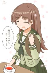 Rule 34 | 1girl, blunt bangs, breasts, brown hair, cherry blossoms, closed eyes, commentary request, cup, curse (023), floral background, green neckerchief, green sailor collar, green serafuku, green skirt, highres, jewelry, kantai collection, long hair, medium breasts, neckerchief, ooi (kancolle), open mouth, ring, sailor collar, school uniform, serafuku, skirt, table, tea, teacup, translation request, tray, wedding band