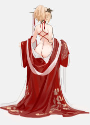 Rule 34 | 1girl, absurdres, ass, azur lane, bare back, bare shoulders, blonde hair, dress, facing away, from behind, glorious (azur lane), glorious (pungent plum) (azur lane), hair ornament, hair ribbon, hair stick, highres, kincora, neck ribbon, neckwear request, official alternate costume, print dress, red dress, ribbon, simple background, solo, standing, strapless, strapless dress, undressing, white background, wide sleeves