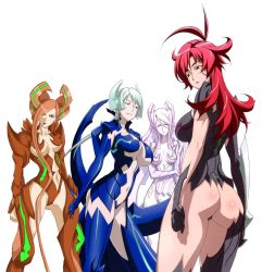 Rule 34 | 00s, 4girls, amaha masane, armor, ass, bikini armor, black sclera, blue eyes, blue hair, breasts, cloneblade, colored sclera, colored skin, curvy, green eyes, large breasts, legs, long hair, looking at viewer, looking back, looking to the side, masane, multiple girls, navel, nora (witchblade), orange hair, pale skin, pink eyes, red hair, shiny skin, simple background, smile, soho reina, thighs, third-party edit, tsuzuki shiori, weapon, white background, white hair, white skin, witchblade